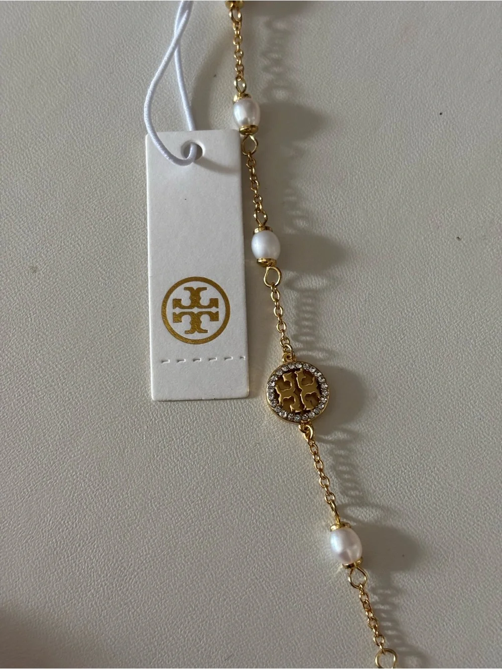 Tory Burch Gold Logo Pearl Station Bracelet with Crystal Accents